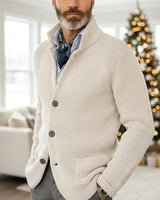 Front view of men's waffle-knit cardigan with stand collar and contrast buttons