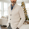 Front view of men's waffle-knit cardigan with stand collar and contrast buttons