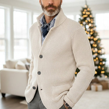 Front view of men's waffle-knit cardigan with stand collar and contrast buttons