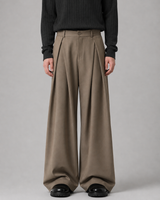 Full-length rear view of the wide leg trousers showing fit and length