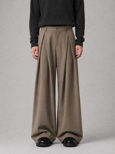 Full-length rear view of the wide leg trousers showing fit and length