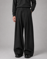 Front view of men's wide leg trousers showing full-length silhouette and front pleats