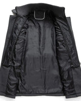 Side view of the tailored mid-length wool overcoat silhouette