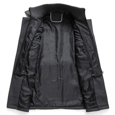 Side view of the tailored mid-length wool overcoat silhouette