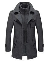 Rear view of the men's wool overcoat showing mid-length cut