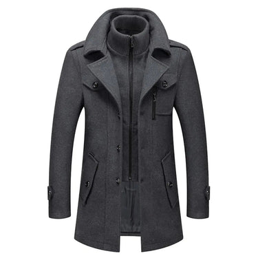Rear view of the men's wool overcoat showing mid-length cut