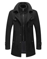 Men's wool overcoat with knit inner collar and notched lapel, front view