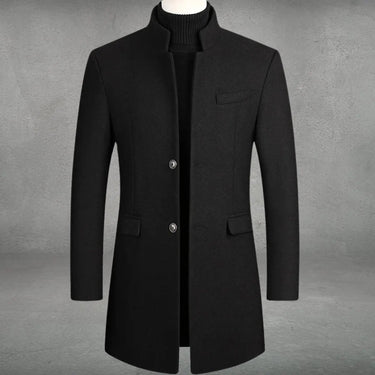 Side profile of a men's tailored wool overcoat showing the structured silhouette