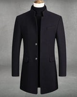 Close-up of the mandarin standing collar and button detail on a wool overcoat