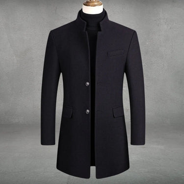 Close-up of the mandarin standing collar and button detail on a wool overcoat