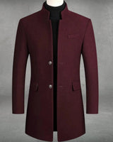 Back view of a slim-fit men's wool overcoat with a clean, unbroken hem line