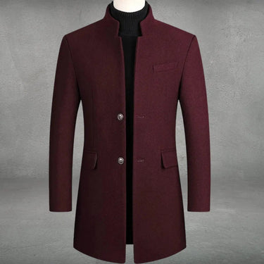 Back view of a slim-fit men's wool overcoat with a clean, unbroken hem line