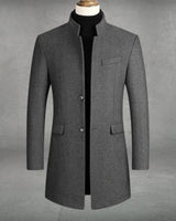 Front view of a slim tailored wool overcoat with a standing collar and button-through fastening