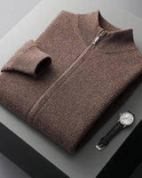 Men's zip up cardigan with full-length zip fastening, detail view