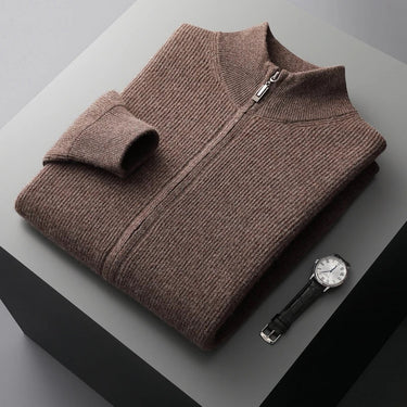 Men's zip up cardigan with full-length zip fastening, detail view