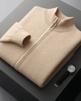 Ribbed stand collar and zip pull detail on men's cardigan