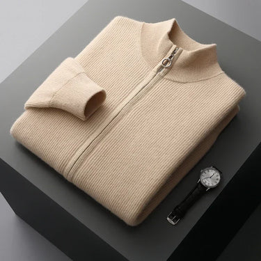 Ribbed stand collar and zip pull detail on men's cardigan