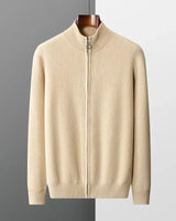 Ribbed cuffs on men's knitted zip up cardigan