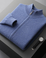 Men's wool cardigan worn open showing front panel detail