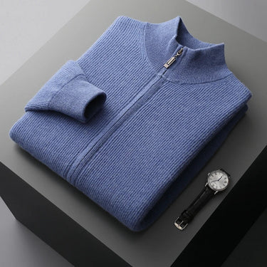 Men's wool cardigan worn open showing front panel detail
