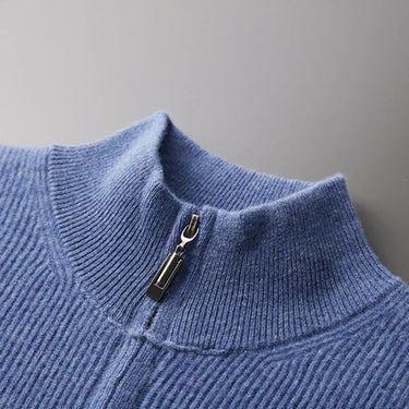 Side view of men's zip up cardigan showing silhouette