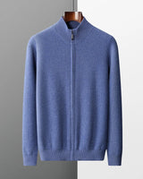 Rear view of men's knitted zip up cardigan