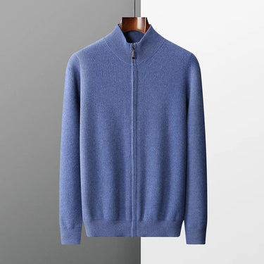 Rear view of men's knitted zip up cardigan