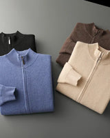 Men's zip up cardigan laid flat showing full length and collar