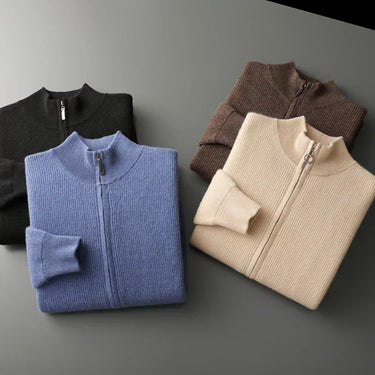 Men's zip up cardigan laid flat showing full length and collar