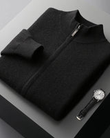 Men's zip up wool cardigan with stand collar, front view