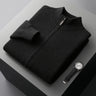 Men's zip up wool cardigan with stand collar, front view