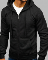 Front view of men's zip-up hoodie showing full-length zip and kangaroo pocket