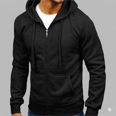 Front view of men's zip-up hoodie showing full-length zip and kangaroo pocket