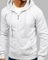 Close-up of drawstring hood and zip fastening on men's hoodie