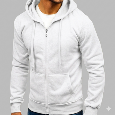 Close-up of drawstring hood and zip fastening on men's hoodie
