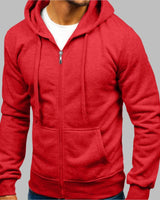 Side view of men's hoodie displaying hip-length silhouette and ribbed hem