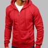 Side view of men's hoodie displaying hip-length silhouette and ribbed hem