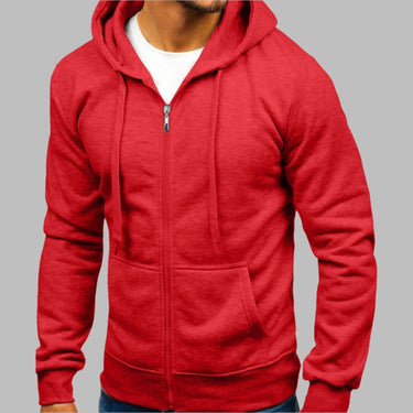 Side view of men's hoodie displaying hip-length silhouette and ribbed hem