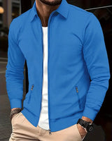 Side view of men's zip-up shirt showing straight hem and long sleeves