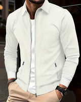 Close-up of zip closure and standing collar on men's zip-up shirt