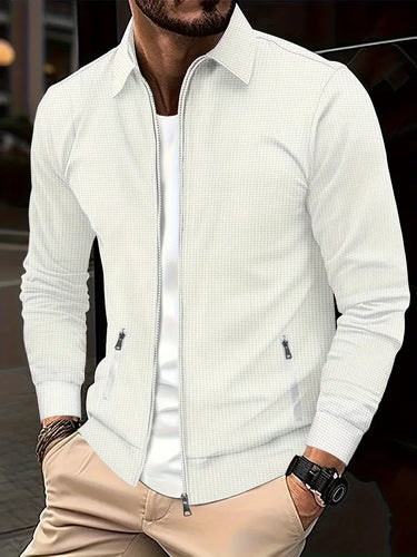 Close-up of zip closure and standing collar on men's zip-up shirt