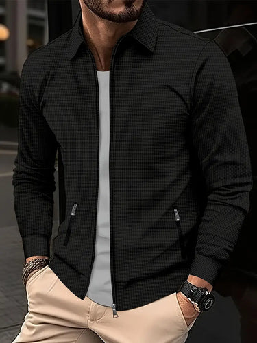 Rear view of men's zip-up shirt showing structured silhouette