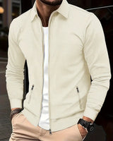 Men's zip-up shirt with standing collar and full-length zip, worn from the front