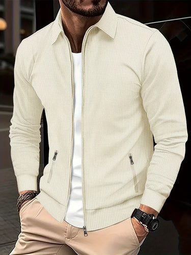 Men's zip-up shirt with standing collar and full-length zip, worn from the front