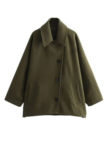 Mid-Length Wool Blend Coat with Lapel Collar and Batwing Sleeves