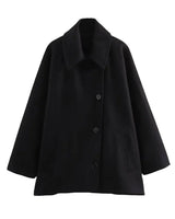 Mid-Length Wool Blend Coat with Lapel Collar and Batwing Sleeves