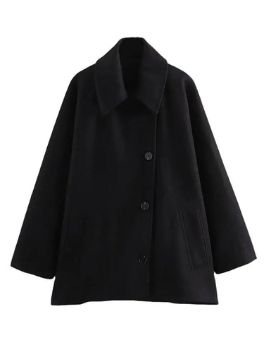 Mid-Length Wool Blend Coat with Lapel Collar and Batwing Sleeves