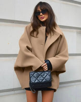 Mid-Length Wool Blend Coat with Lapel Collar and Batwing Sleeves