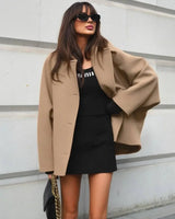 Mid-Length Wool Blend Coat with Lapel Collar and Batwing Sleeves