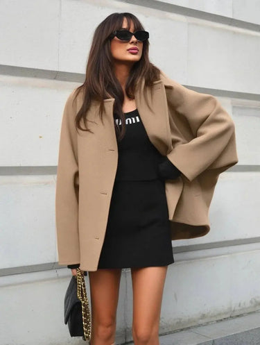 Mid-Length Wool Blend Coat with Lapel Collar and Batwing Sleeves